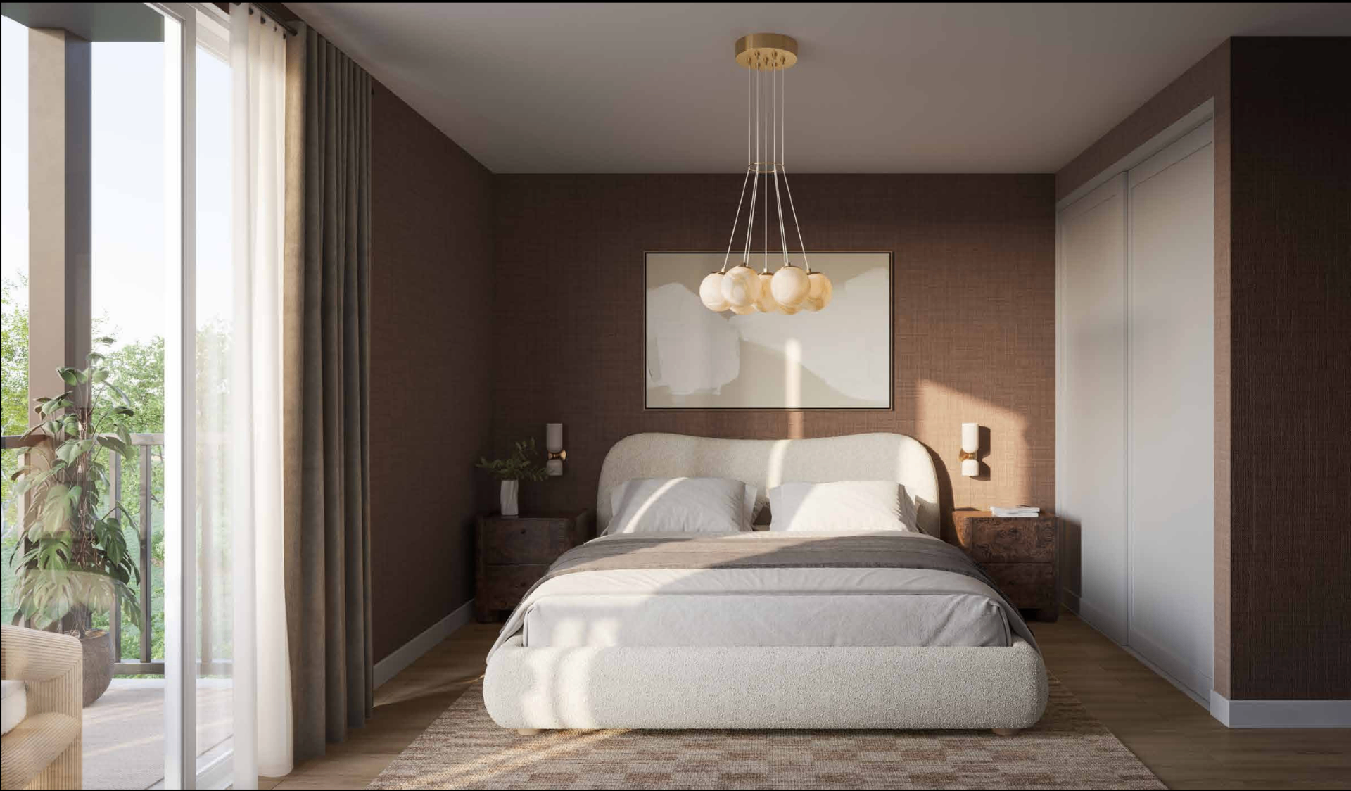 Warm modern principal bedroom with lake views