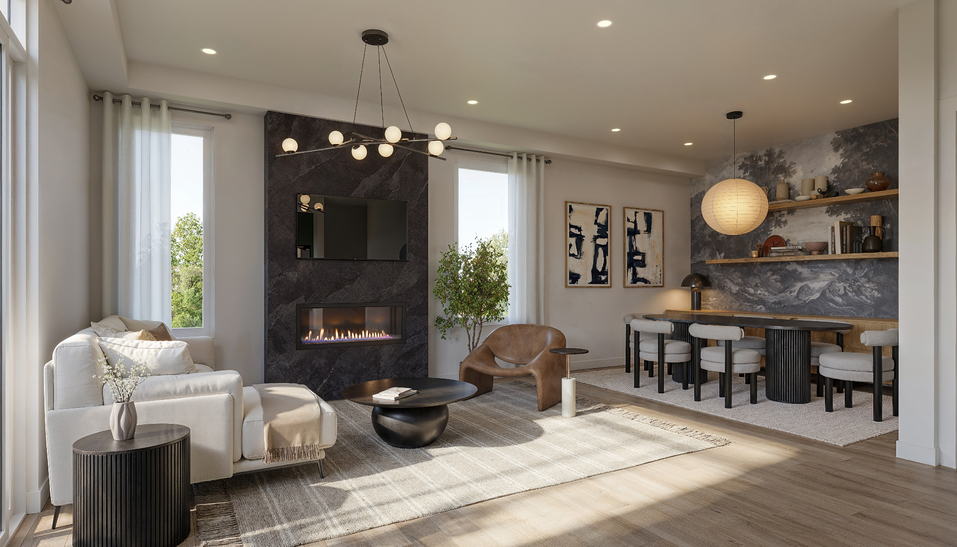 Main living room with fireplace and dining area